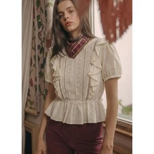 English Factory Women's Ivory Boho Embroidered Puff Sleeve Casual Top SZ Small